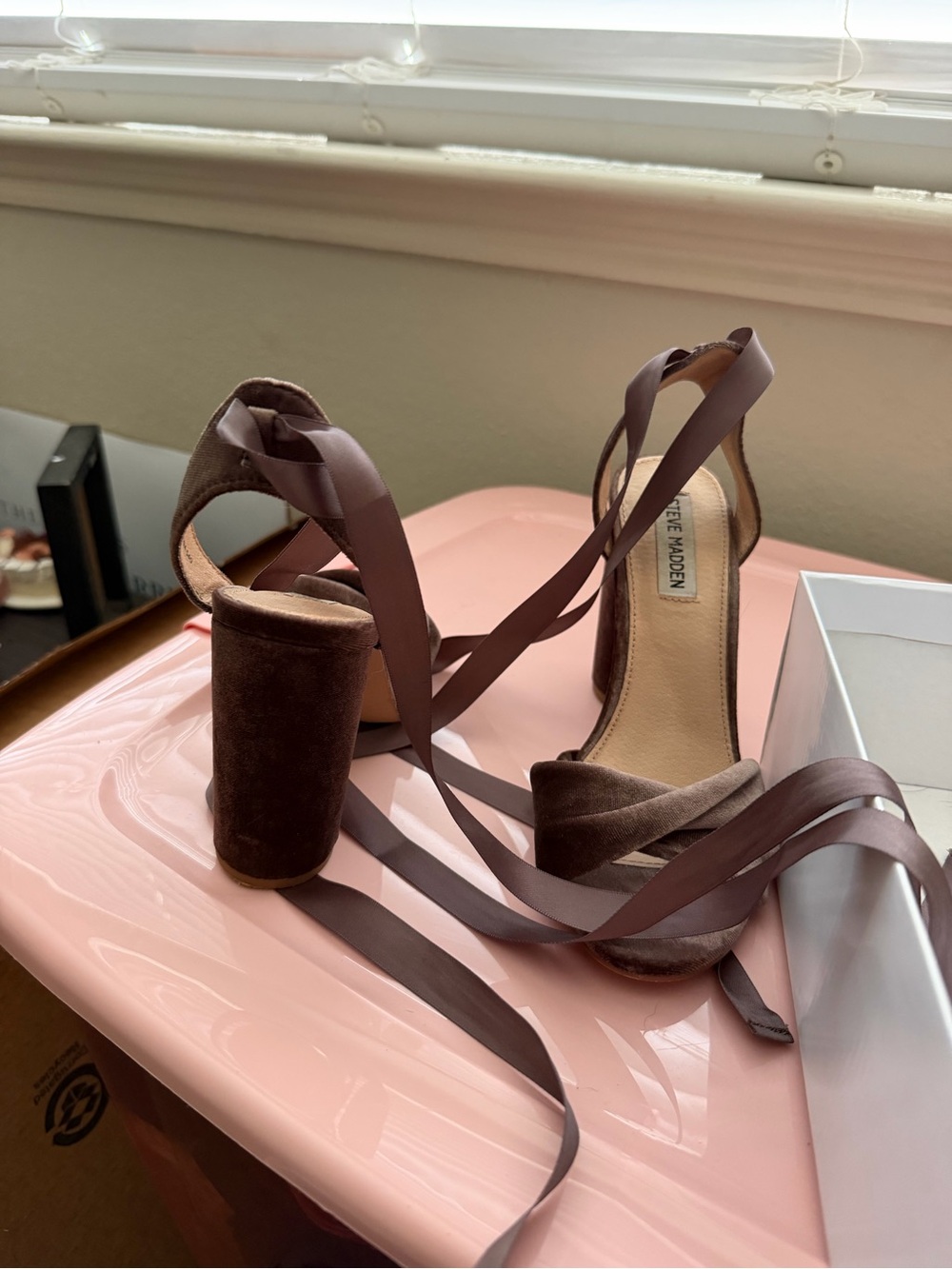 Steve Madden Clary-V Taupe Velvet Heels - Picture 2 of 3